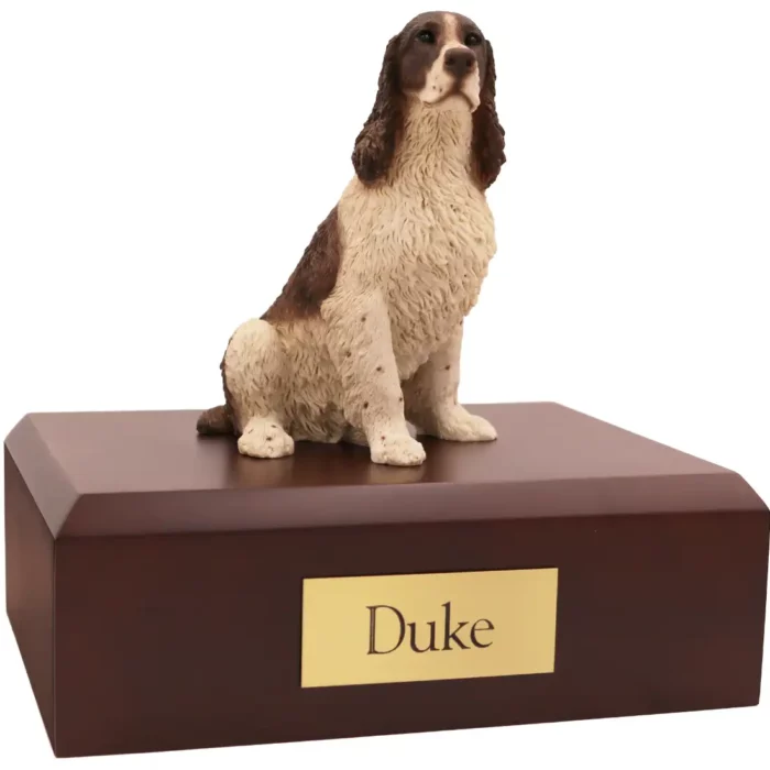 Sitting liver and white Springer Spaniel dog figurine on wood memorial cremation urn