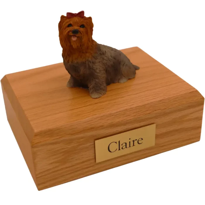 Sitting Yorkie Yorkshire Terrier dog figurine on wood memorial cremation urn