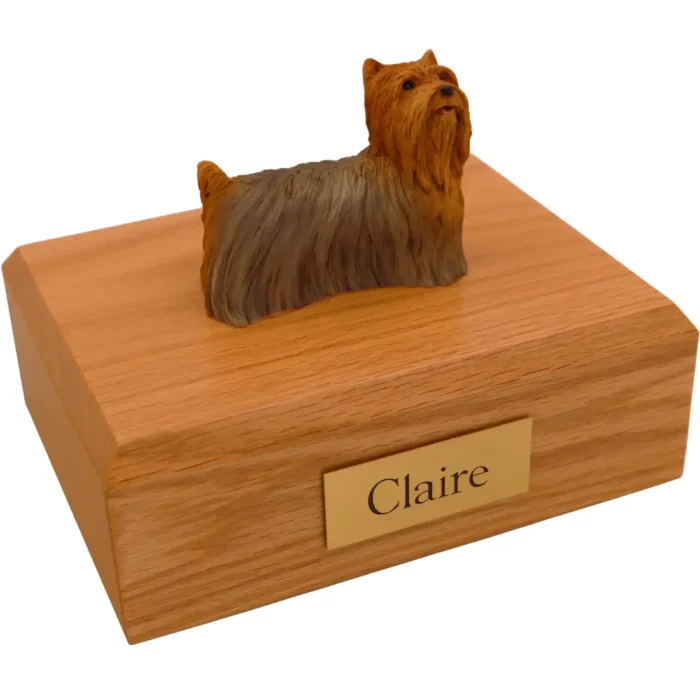 Standing Yorkie Yorkshire Terrier dog figurine on wood memorial cremation urn