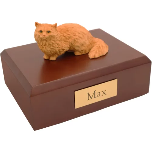 Brown Angora cat figurine on wood memorial cremation urn