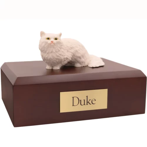 White Angora cat figurine on wood memorial cremation urn