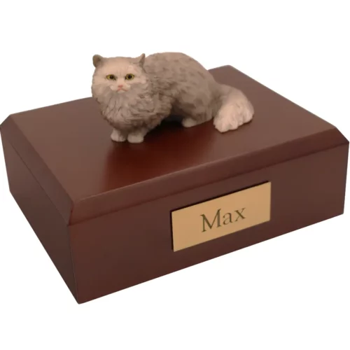 Gray Angora cat figurine on wood memorial cremation urn