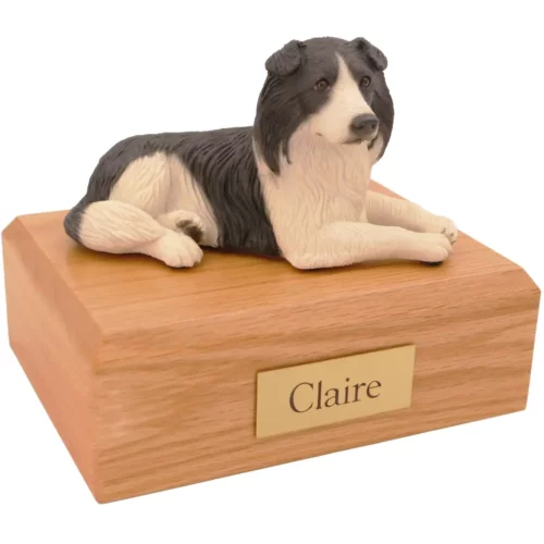 Laying Border Collie dog figurine on wood memorial pet cremation urn