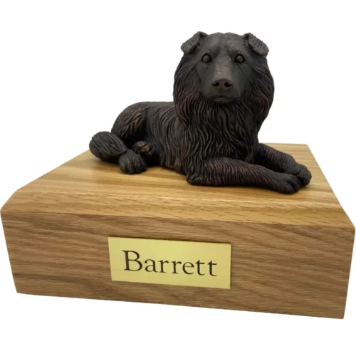 Laying bronze style border collie dog figurine on wood memorial pet cremation urn