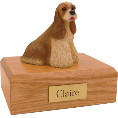 Sitting bluff cocker spaniel dog figurine on wood memorial pet cremation urn