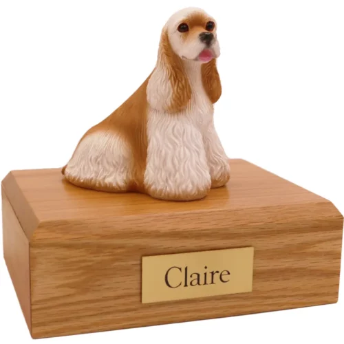 Sitting bluff cocker spaniel dog figurine on wood memorial pet cremation urn