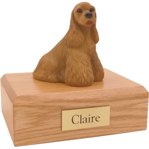 Sitting bluff cocker spaniel dog figurine on wood memorial pet cremation urn