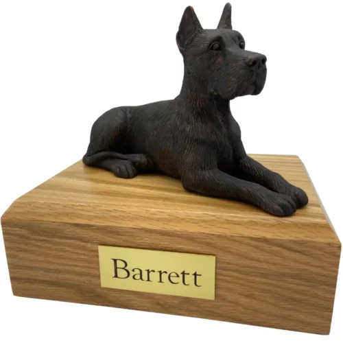 Laying ears up bronze look great dane dog figurine on wood memorial pet cremation urn