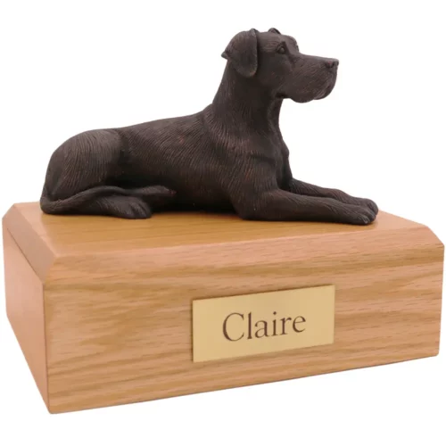 Laying ears down bronze look great dane dog figurine on wood memorial pet cremation urn