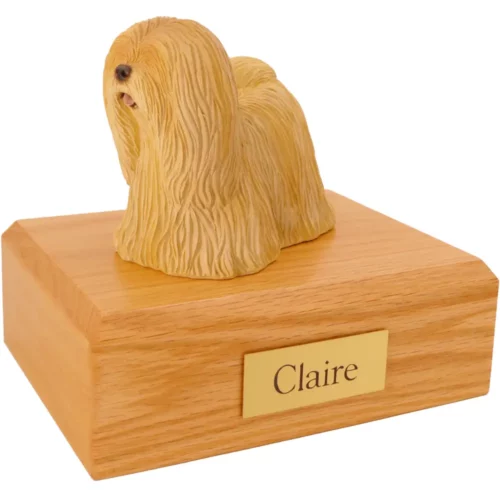 Standing lhasa apso dog figurine on wood memorial pet cremation urn