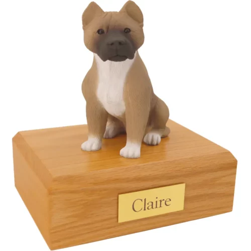 Sitting tan & white pit pull dog figurine on wood memorial pet cremation urn