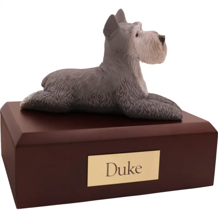 Laying gray ears up schnauzer dog figurine on wood memorial pet cremation urn
