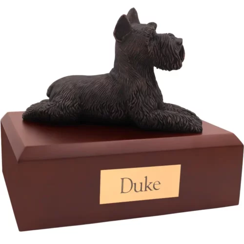 Laying bronze look ears up schnauzer dog figurine on wood memorial pet cremation urn