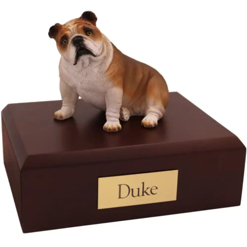 Sitting fawn bulldog dog figurine on wood memorial pet cremation urn