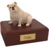 Sitting white bulldog dog figurine on wood memorial pet cremation urn