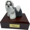 Standing gray & white shih tzu dog figurine on wood memorial pet cremation urn