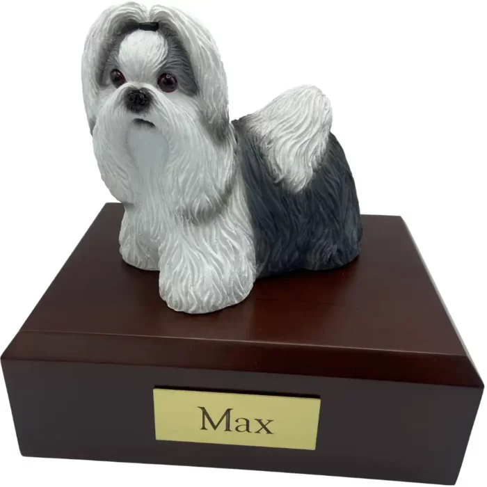 Standing gray & white shih tzu dog figurine on wood memorial pet cremation urn