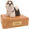 Standing gray & white shih tzu dog figurine on wood memorial pet cremation urn