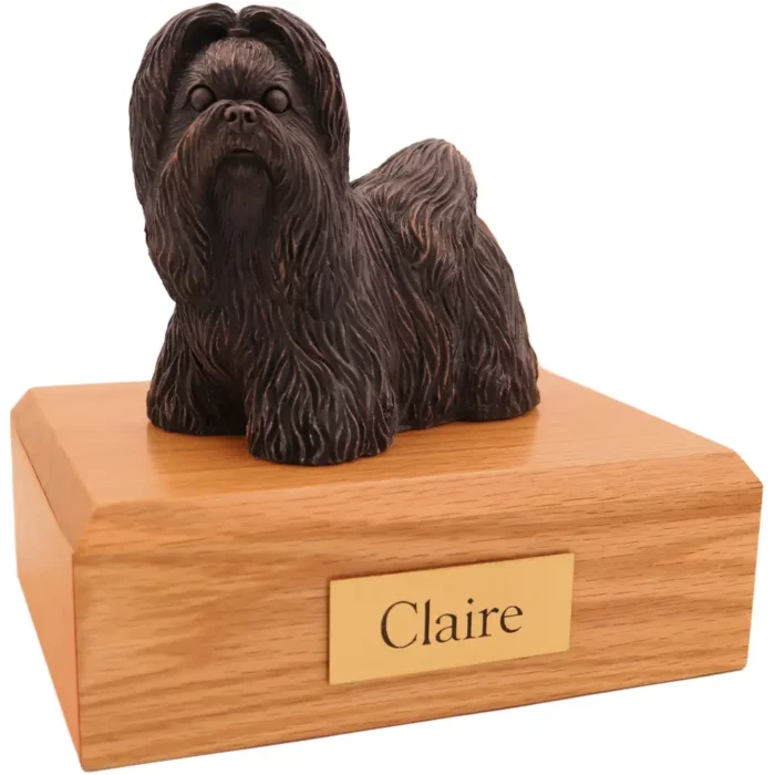 Standing bronze look shih tzu dog figurine on wood memorial pet cremation urn