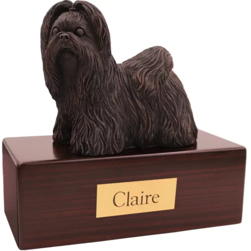 Standing bronze look shih tzu dog figurine on wood memorial pet cremation urn