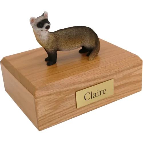 Ferret figurine on wood memorial pet cremation urn