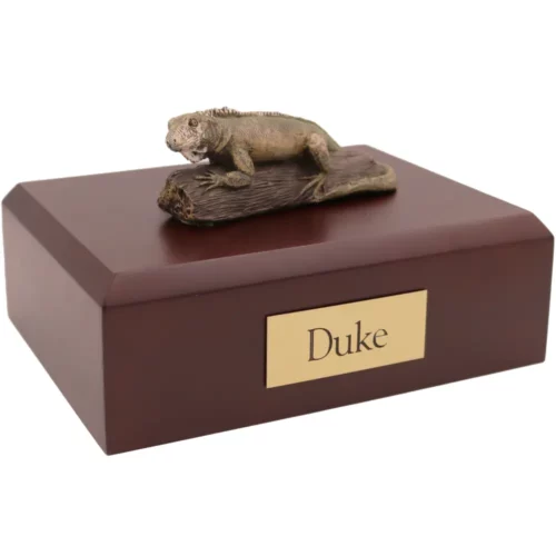 Iguana figurine on wood memorial pet cremation urn