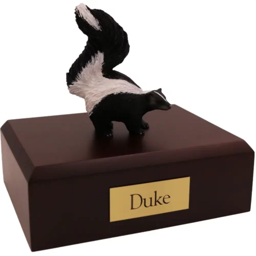 Skunk figurine on wood memorial pet cremation urn