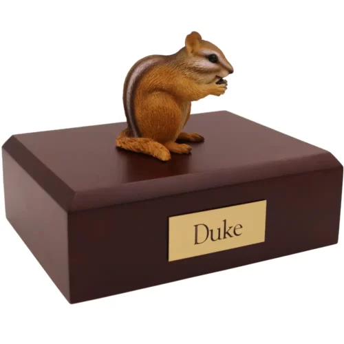 Chipmunk figurine on wood memorial pet cremation urn