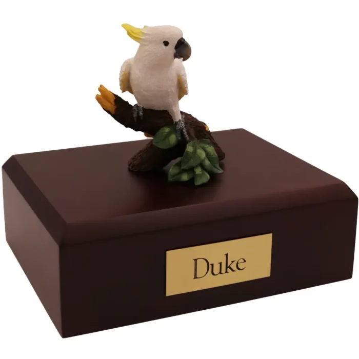 Cockapoo bird figurine on wood memorial pet cremation urn