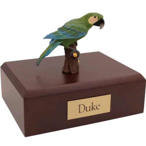 Green parrot bird figurine on wood memorial pet cremation urn