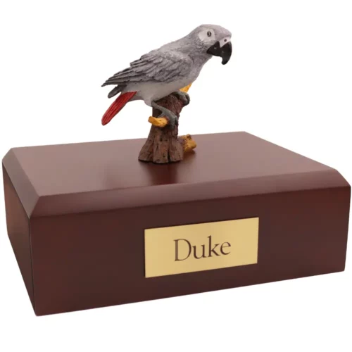 African gray bird figurine on wood memorial pet cremation urn