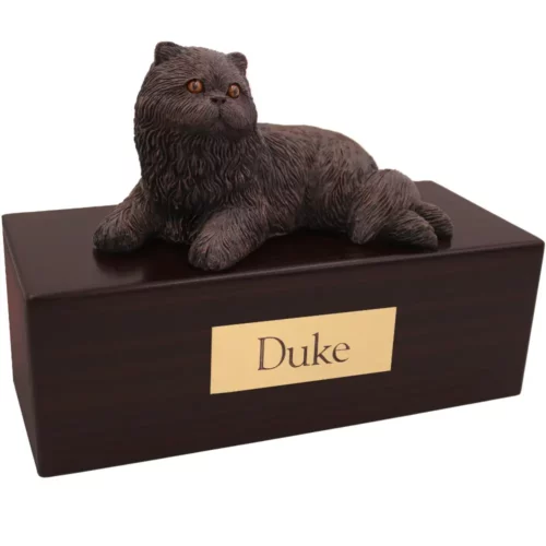 Laying bronze look persian cat figurine on wood memorial pet cremation urn