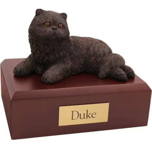 Laying bronze look persian cat figurine on wood memorial pet cremation urn