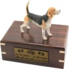Beagle dog figurine on wood cremation urn, engraved plate