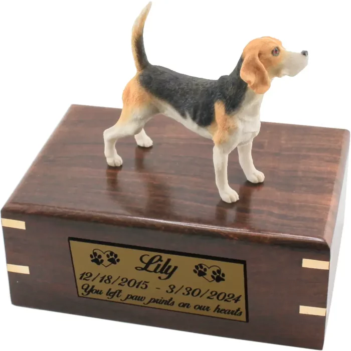 Beagle dog figurine on wood cremation urn, engraved plate