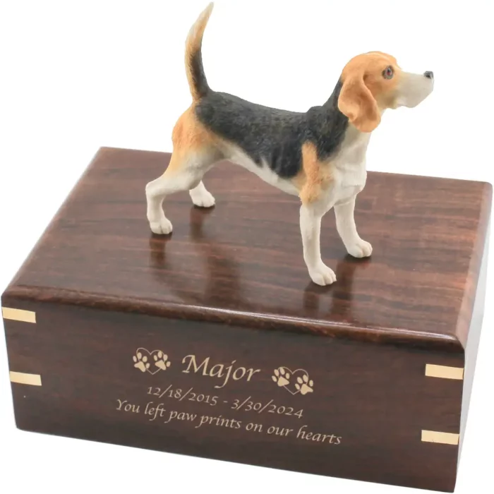 Beagle dog figurine on wood cremation urn, engraved wood, gold fill