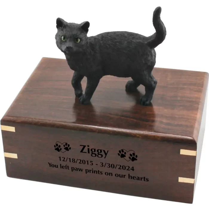 Black shorthaired cat figurine on wood cremation urn, engraved wood, black fill
