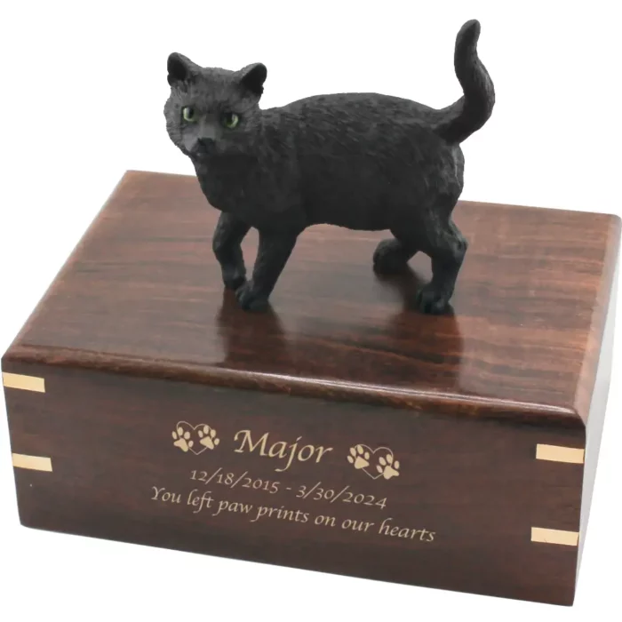 Black shorthaired cat figurine on wood cremation urn, engraved wood, gold fill