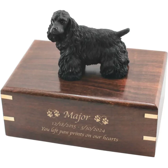 Black cocker spaniel dog figurine on wood cremation urn, engraved wood, gold fill