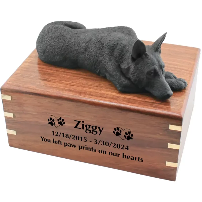 Black german shepherd figurine on wood cremation urn, with engraved wood, black fill