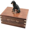 Black & tan coonhound dog figurine on wood cremation urn, engraved wood, gold fill