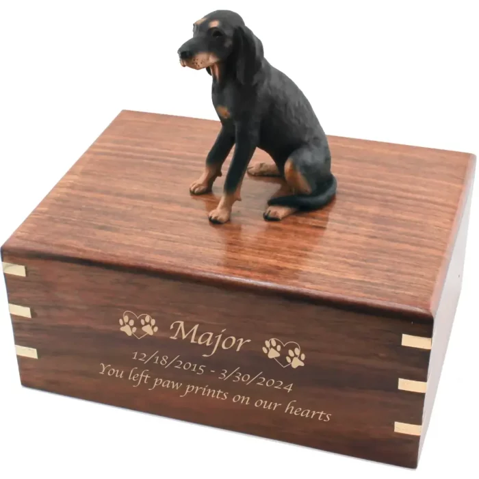 Black & tan coonhound dog figurine on wood cremation urn, engraved wood, gold fill