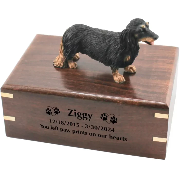 Black and tan longhaired dachshund dog figurine on wood cremation urn, engraved wood, black fill