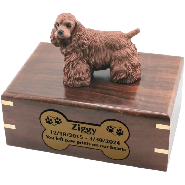 Brown cocker spaniel dog figurine on wood cremation urn, engraved plate