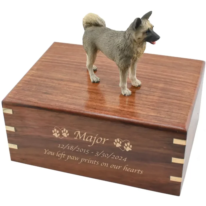 Gray akita dog figurine on wood cremation urn, engraved wood, gold fill