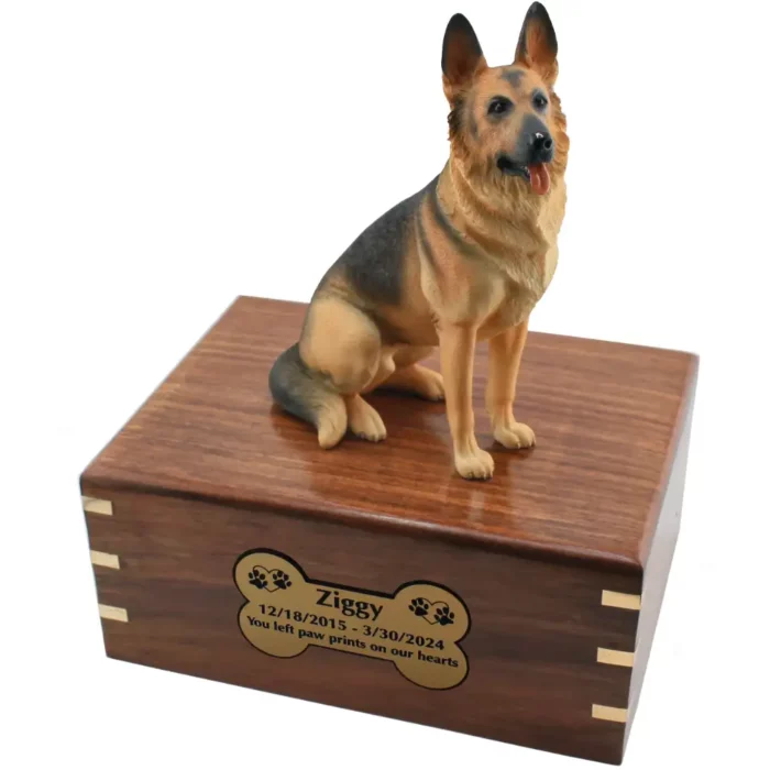 Sitting german shepherd dog figurine on wood cremation urn, engraved plate