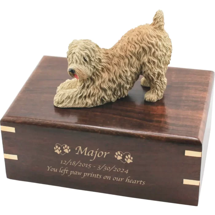 Soft coated wheaten dog figurine on wood cremation urn, engraved wood, gold fill