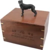 Standing black great dane dog figurine on wood cremation urn, engraved wood