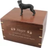 Standing black great dane dog figurine on wood cremation urn, engraved wood, gold fill