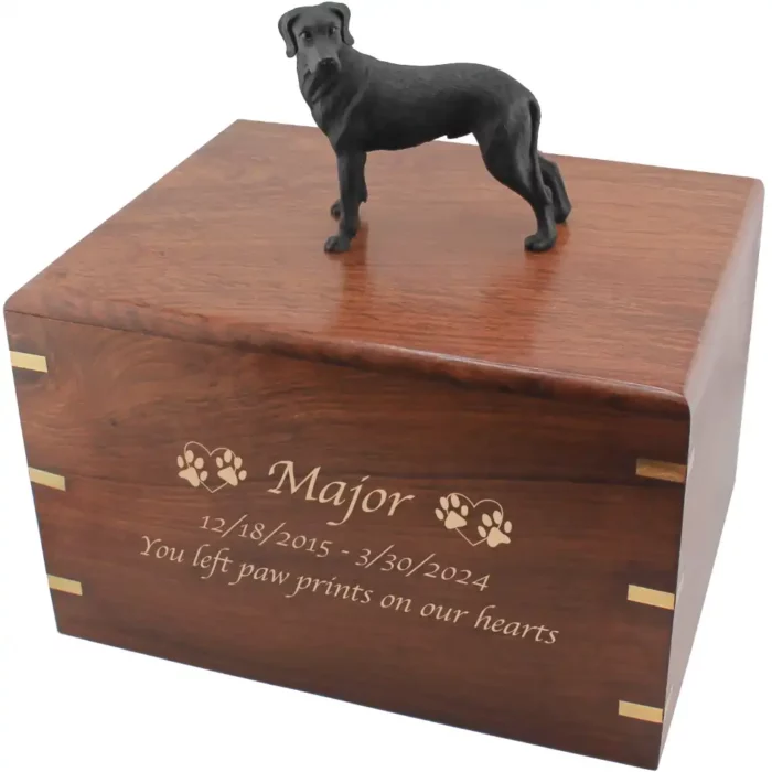 Standing black great dane dog figurine on wood cremation urn, engraved wood, gold fill